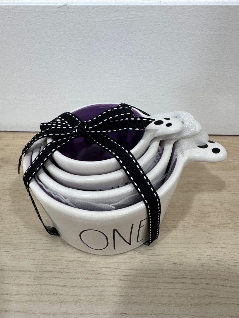 Rae Dunn Ceramic Ghost Measuring Cups - White Exterior and Purple Interior